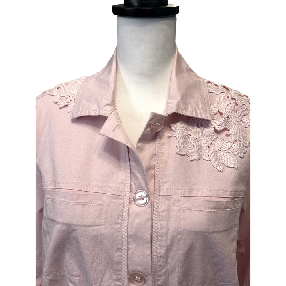 Peck & Peck Pink Denim Jacket Sz M Floral Lace Embroidered Stretch Cotton - Picture 3 of 12